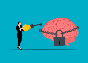 A vector image of a brain with a padlock and a women stood beside with a key