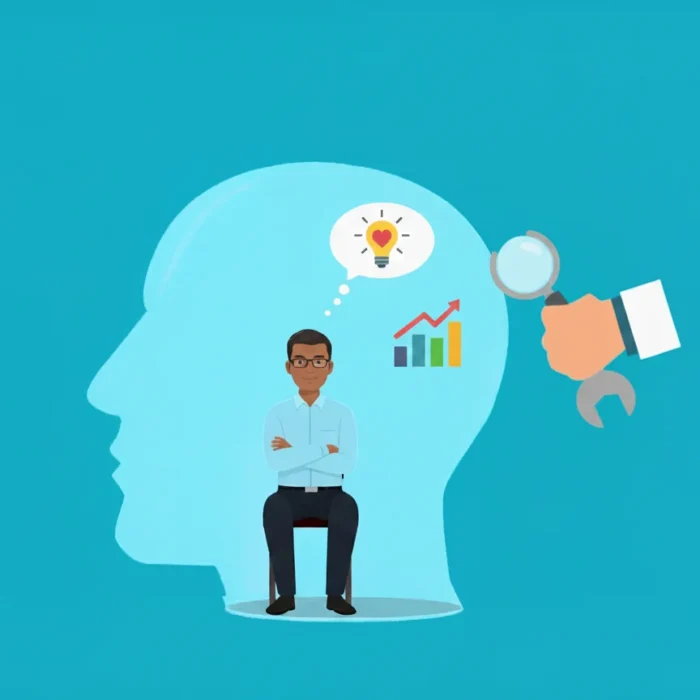 Illustration of a person sitting inside a head silhouette, with charts and a lightbulb thought bubble, as a hand holding a magnifying glass examines the head—symbolizing insight gained through emotional intelligence coaching.